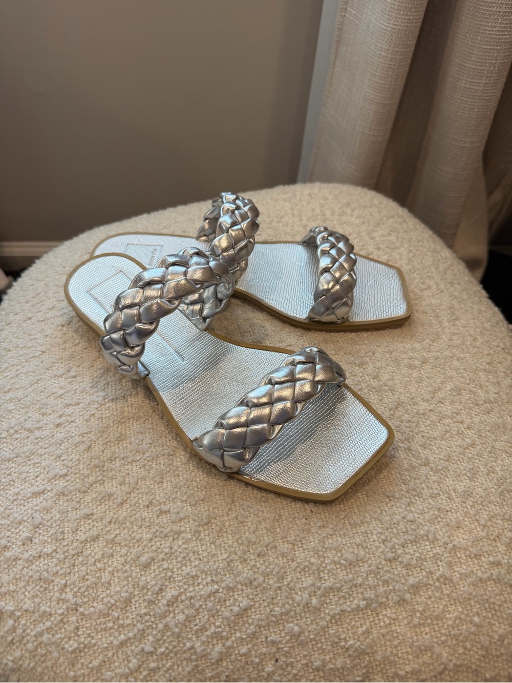 Dolce Vita Braided Double-Strap Silver Slide Sandals
